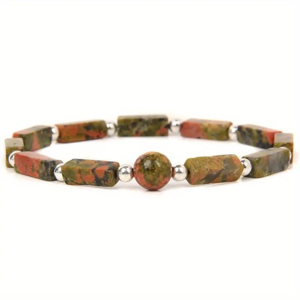 Unakite Natural Stone Rectangular Beads Stretchable Bracelet Wove…